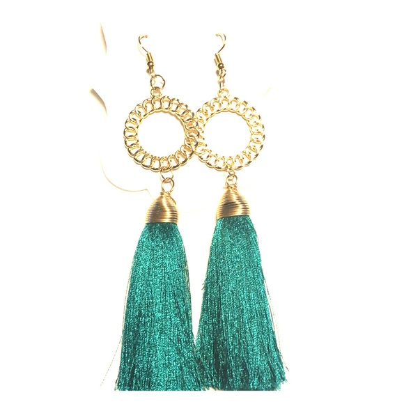 Teal silk tassel earrings - Picture 1 of 4